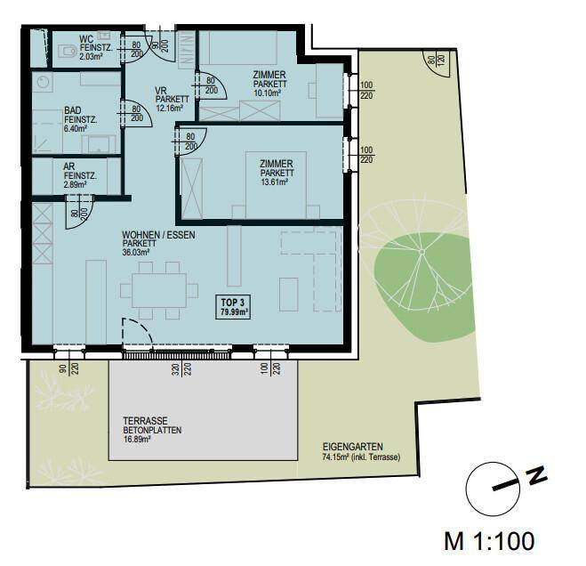 Detaillierter Grundriss der Wohnung TOP 3 mit Wohn-Essbereich, Schlafzimmern, Terrasse und Garten.