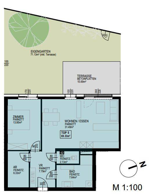 Grundriss einer Erdgeschosswohnung mit Wohn-Essbereich, Schlafzimmer und Zugang zu Terrasse und Garten.