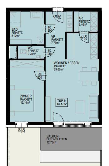 Detaillierter Grundriss einer Wohnung mit Wohn-/Essbereich, Schlafzimmer und Balkon.