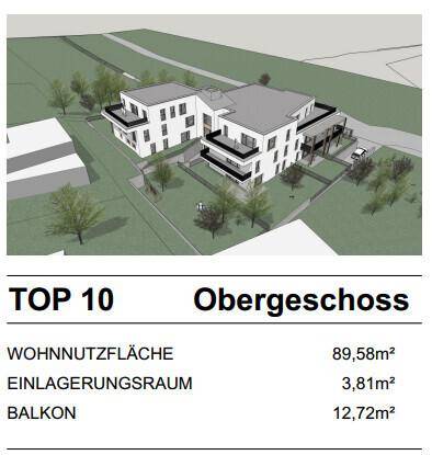 Übersicht des Gebäudekomplexes mit Details zu Wohnung TOP 10 im Obergeschoss.