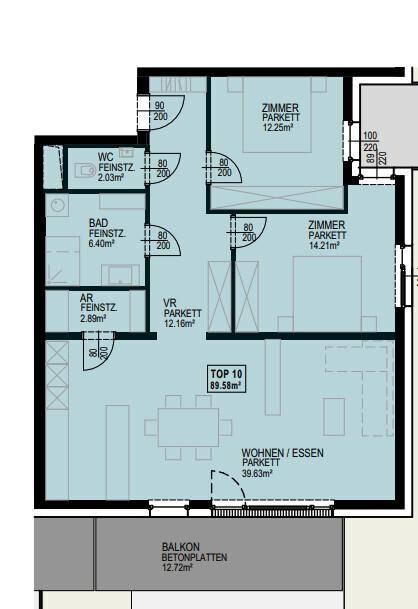 Detaillierter Grundriss der Wohnung TOP 10 mit offenem Wohn-Essbereich und Balkon.