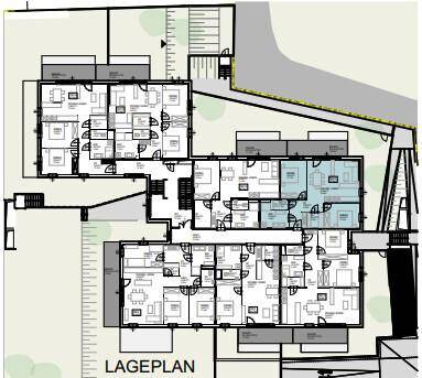 Lageplan des gesamten Wohnkomplexes mit der Anordnung der einzelnen Wohneinheiten und Außenbereichen.