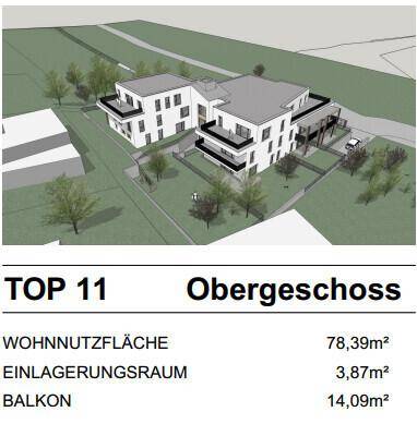 Übersicht des Gebäudekomplexes mit Kennzeichnung der Wohneinheit TOP 11 im Obergeschoss.