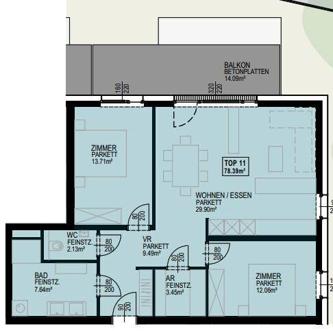 Detaillierter Grundriss der Wohneinheit TOP 11 mit Wohn-Essbereich, Zimmern und Balkon.