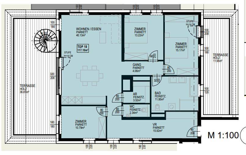 Detaillierter Grundriss der Dachgeschosswohnung TOP 18 mit Wohn-Essbereich und zwei Terrassen.
