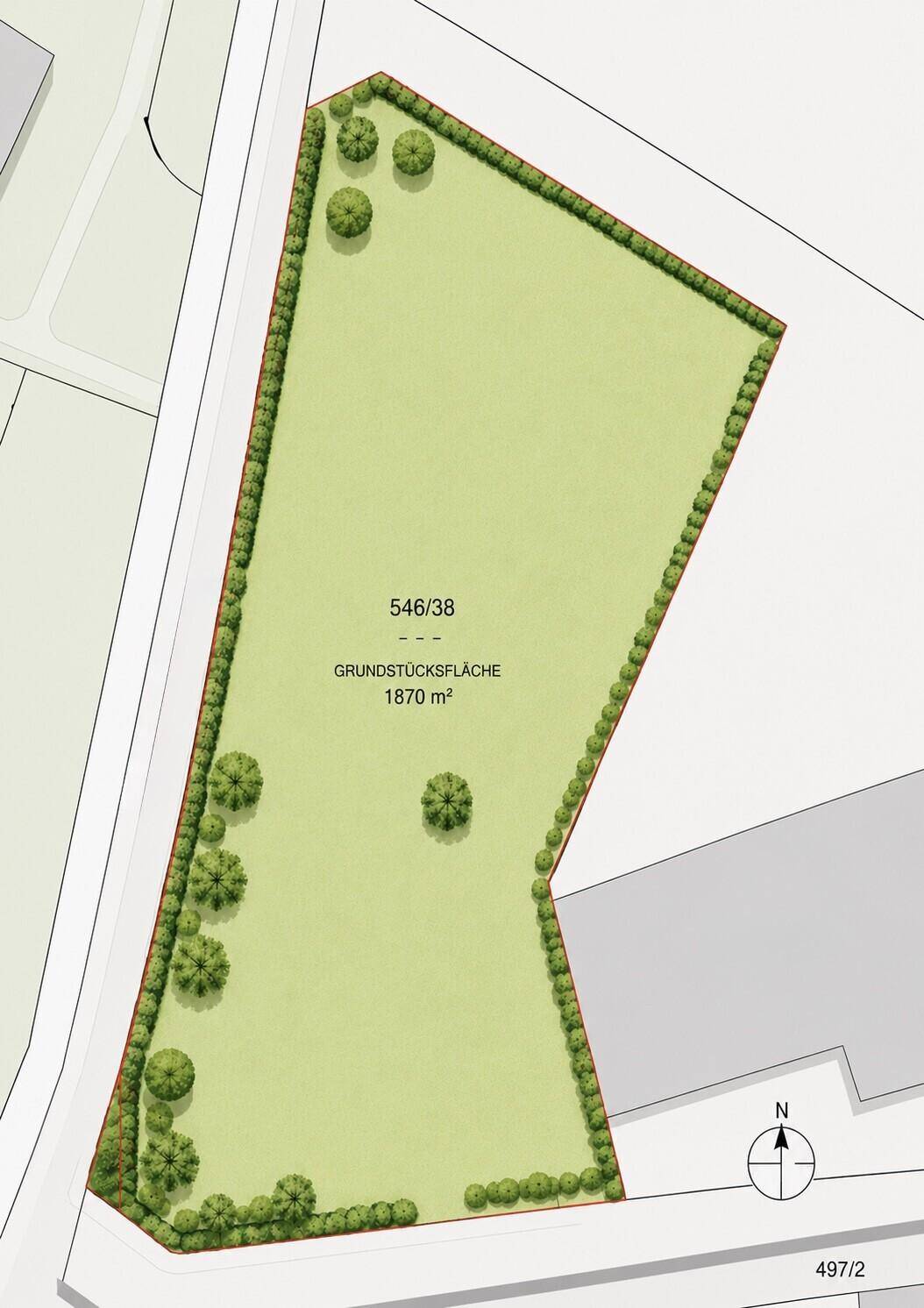 Übersichtlicher Grundstücksplan mit einer Fläche von 1870 m² und eingezeichneten Bäumen und Hecken.
