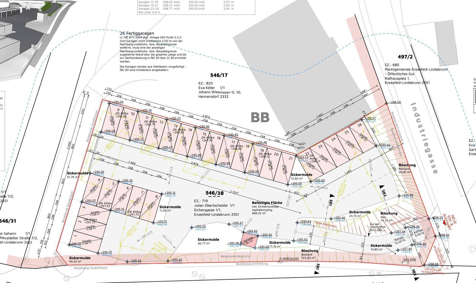 Detaillierter Lageplan mit Grundstücksgrenzen, Maßen und der Anordnung von Garagen und Entwässerungsflächen.