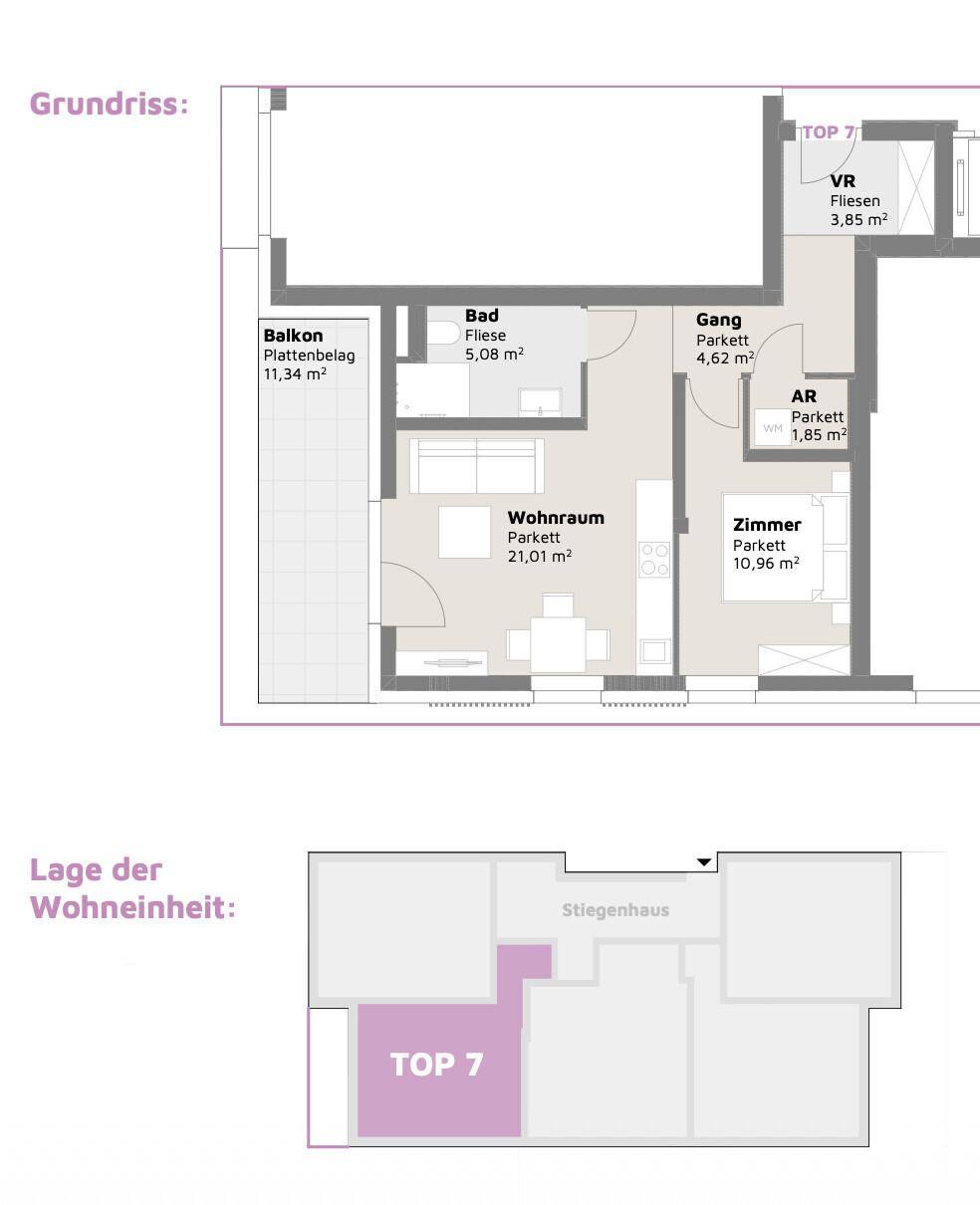Grundriss einer Wohnung mit Wohnraum, Zimmer, Bad und Balkon.