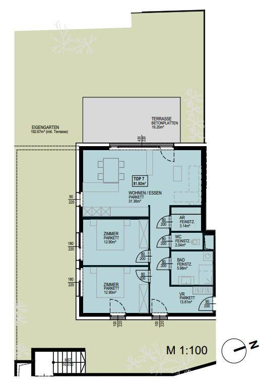 Detaillierter Grundriss der Erdgeschosswohnung TOP 7 mit Wohn-/Essbereich, Schlafzimmern, Bad und Garten.