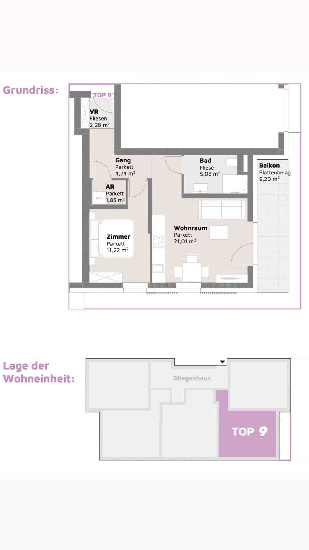 Grundriss der Wohneinheit Top 9 mit Balkon, Bad und einem Zimmer, inklusive Lage im Gebäude.
