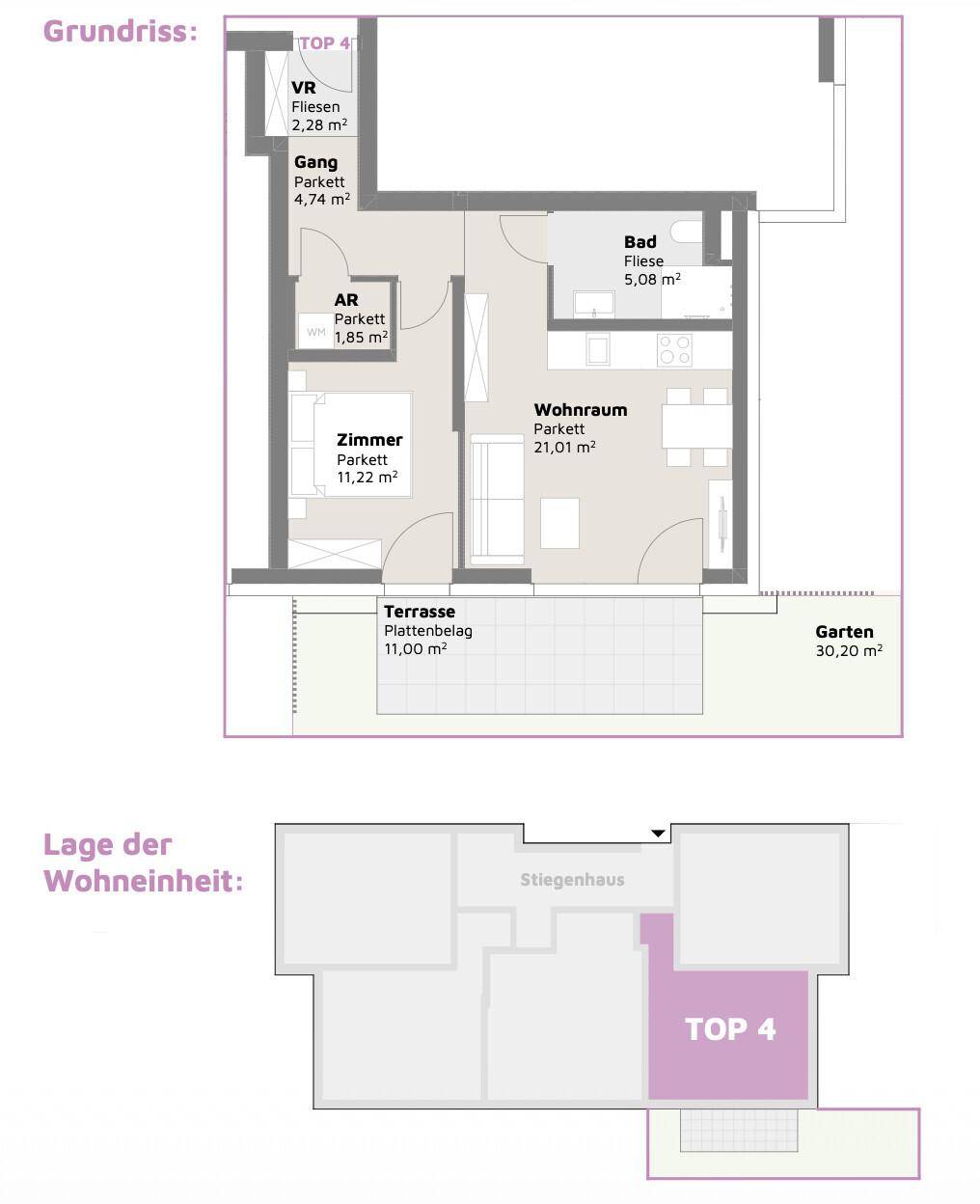 Vereinfachter Grundriss der Wohneinheit TOP 4 mit Wohnraum, Schlafzimmer, Bad, Terrasse und Garten.