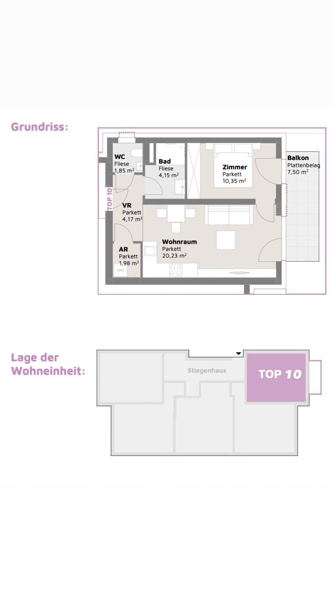 Grundriss der Wohneinheit Top 10 mit Balkon, Bad und einem Zimmer, inklusive Lage im Gebäude.
