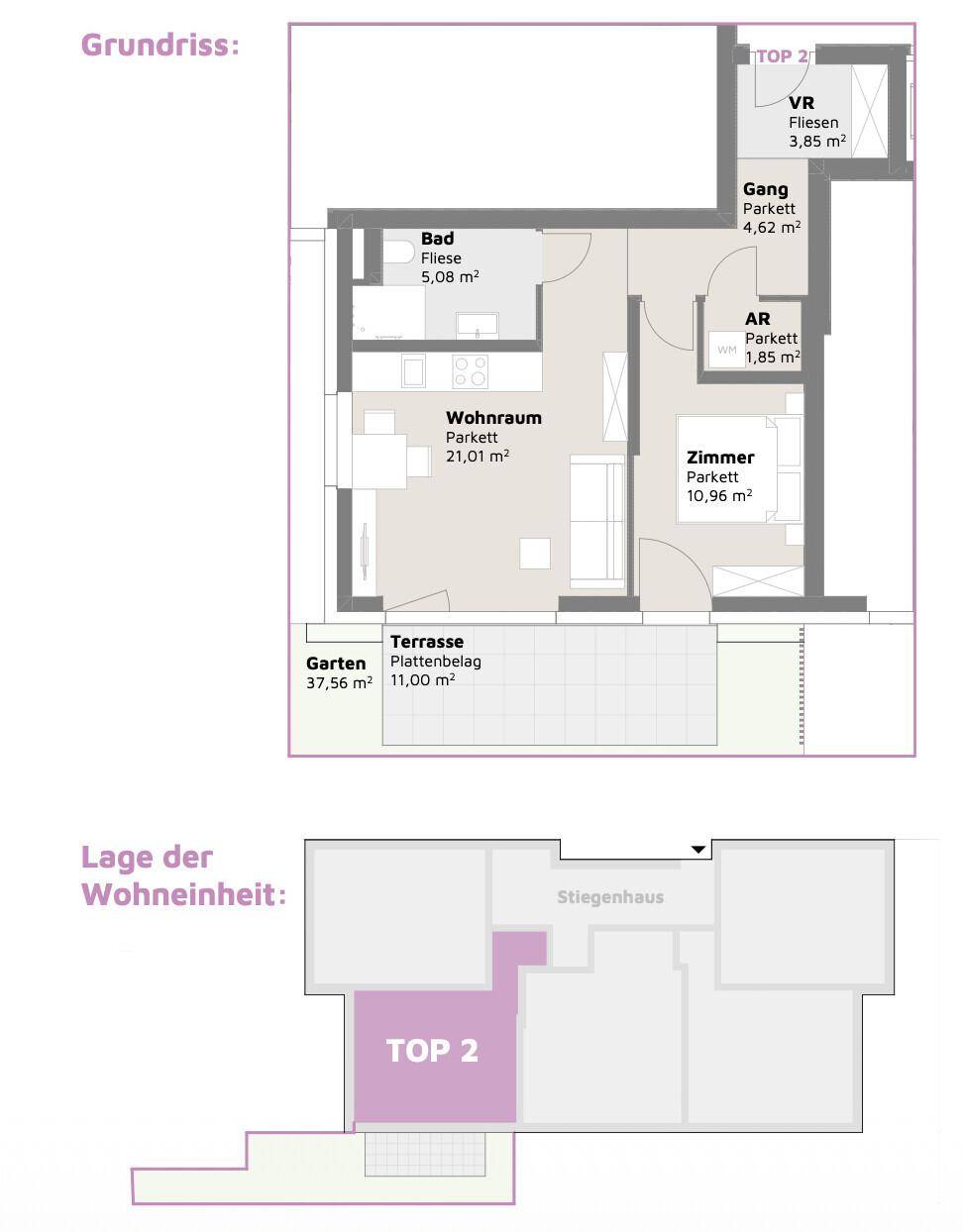 Vereinfachter Grundriss der Wohneinheit TOP 2 mit Wohnraum, Schlafzimmer, Bad, Terrasse und Garten.