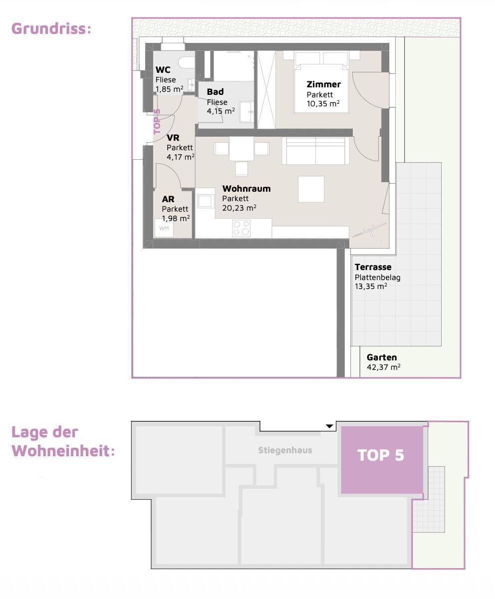 Vereinfachter Grundriss der Wohneinheit TOP 5 mit Wohnraum, Schlafzimmer, Bad, WC, Terrasse und Garten.
