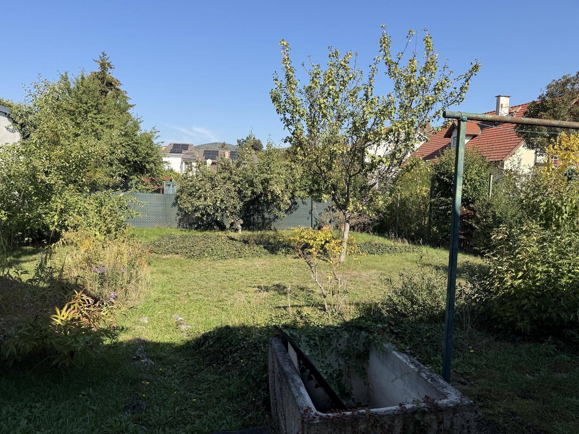 Großer Gartenbereich mit Rasenfläche, Bäumen und Sträuchern, umgeben von weiteren Häusern.