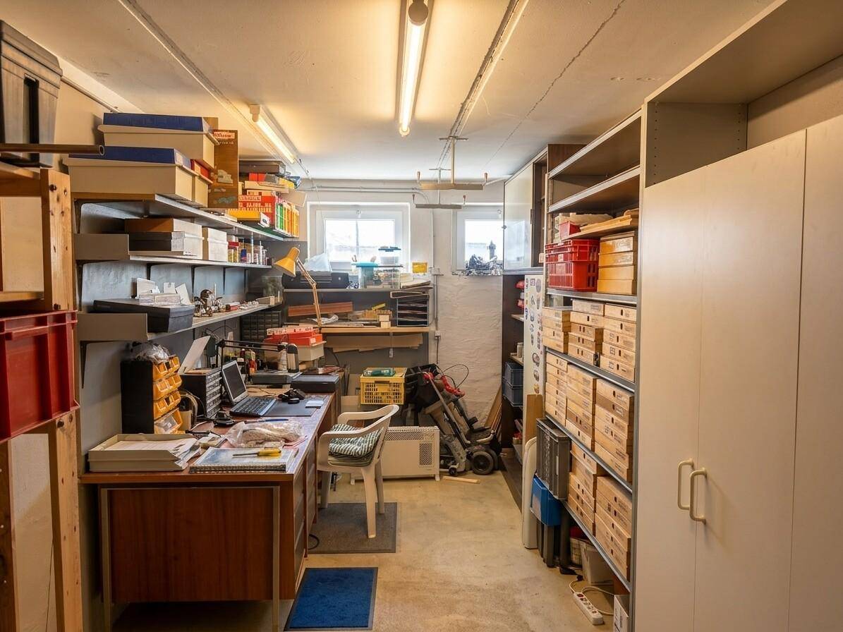 Geräumiger Kellerraum mit Regalen, einem Schreibtisch und Fenstern für Tageslicht.