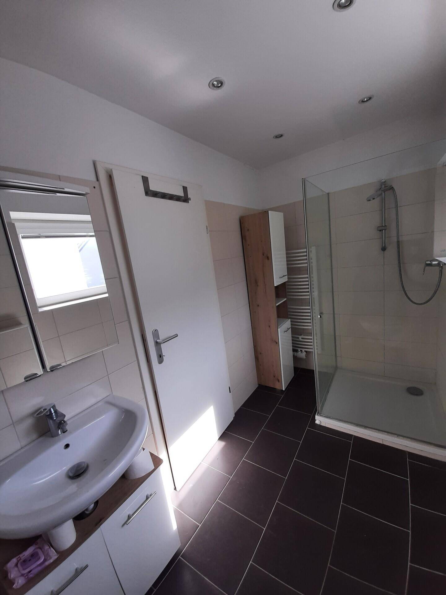 Modernes Badezimmer mit Dusche, Waschbecken, Spiegelschrank und beheiztem Handtuchhalter.