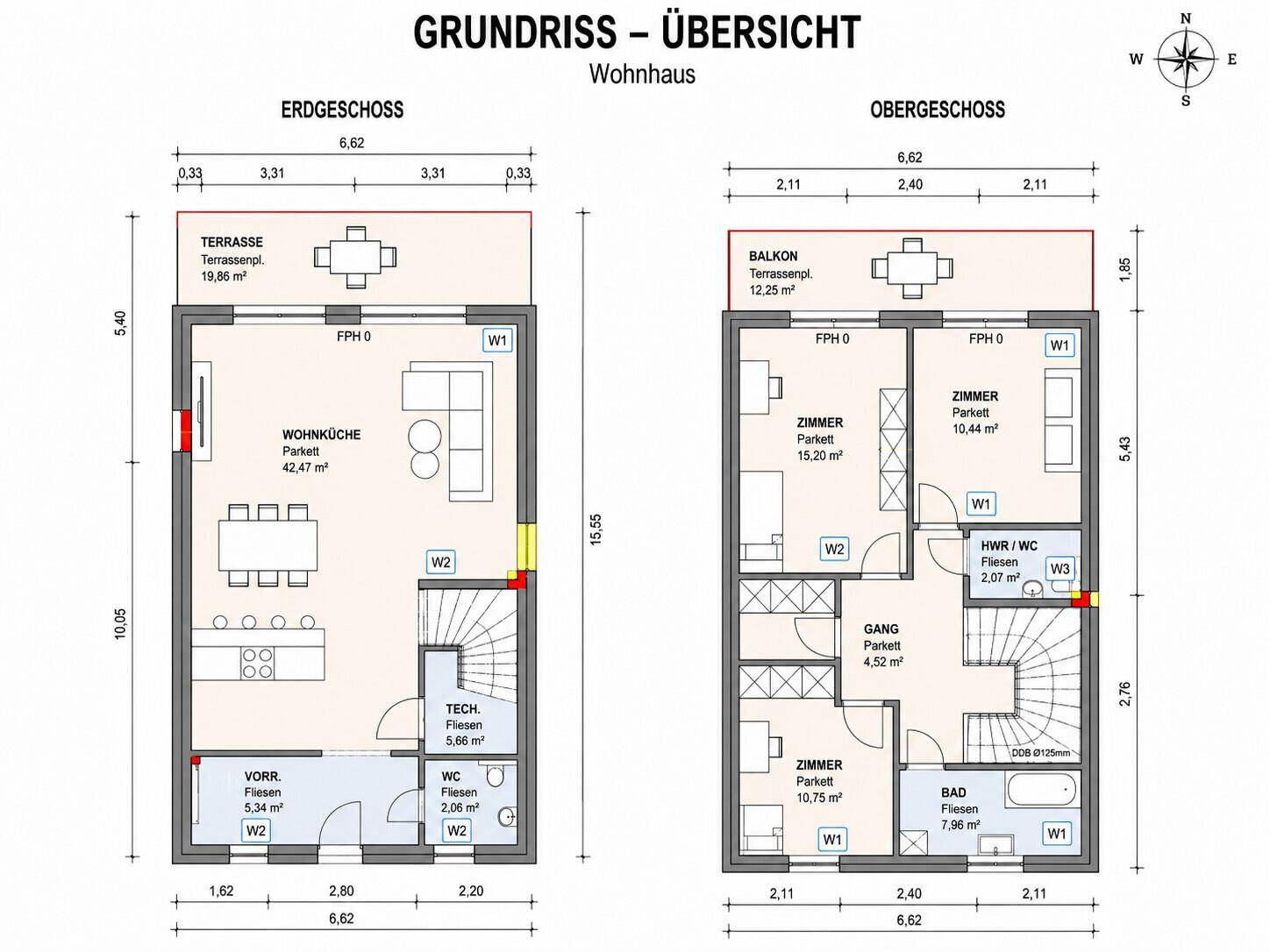 Grundrissübersicht des Wohnhauses mit Erdgeschoss und Obergeschoss, inklusive Raumaufteilung und Flächenangaben.