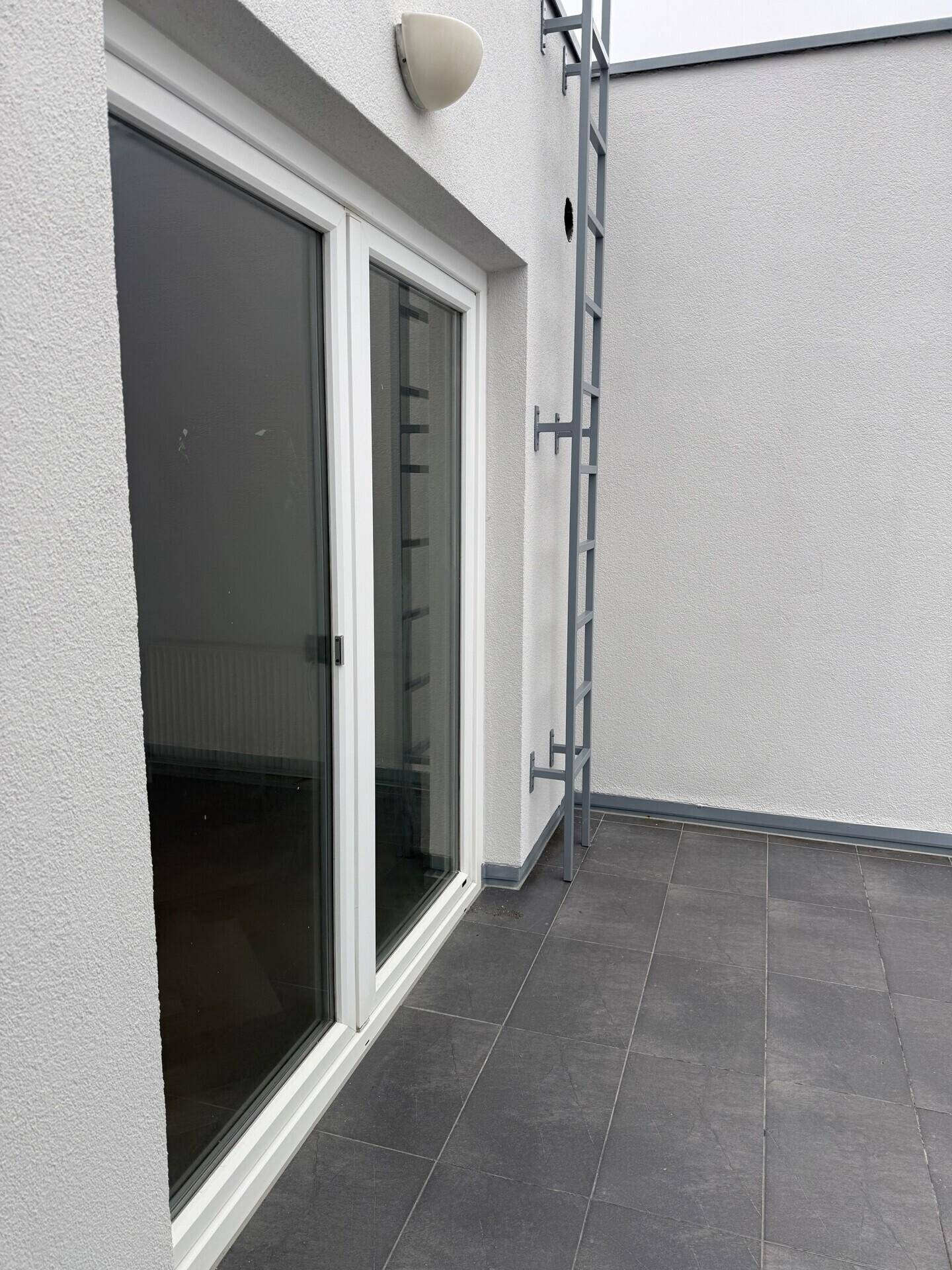 Teil der Terrasse mit großer Glastür zum Innenbereich und einer außen angebrachten Leiter.