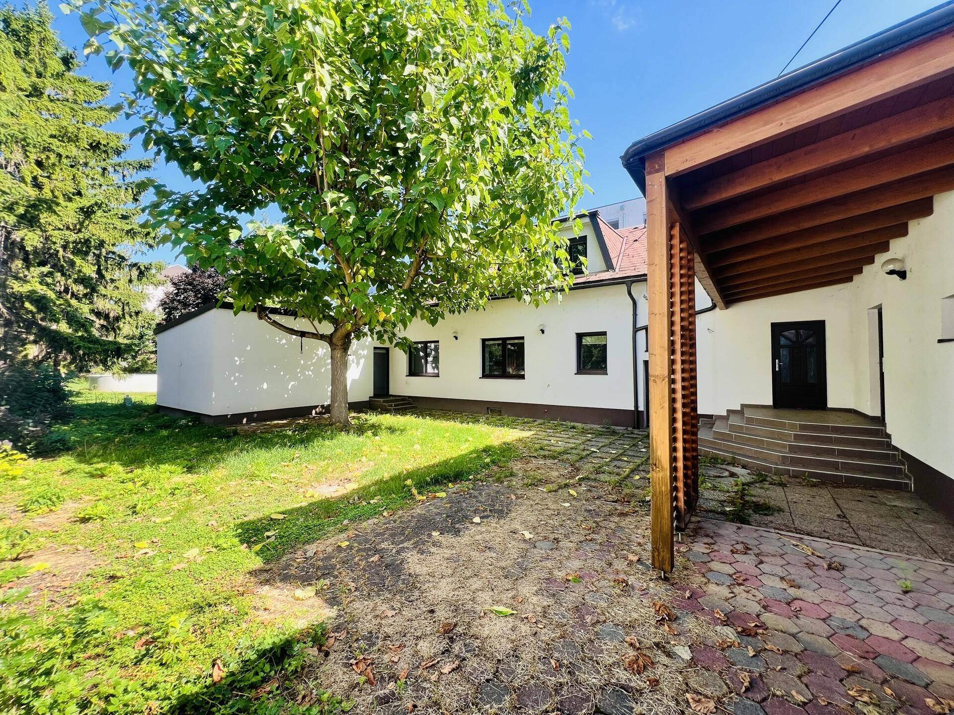 Hinterhof mit Rasenfläche, Baumbestand und überdachtem Eingangsbereich.