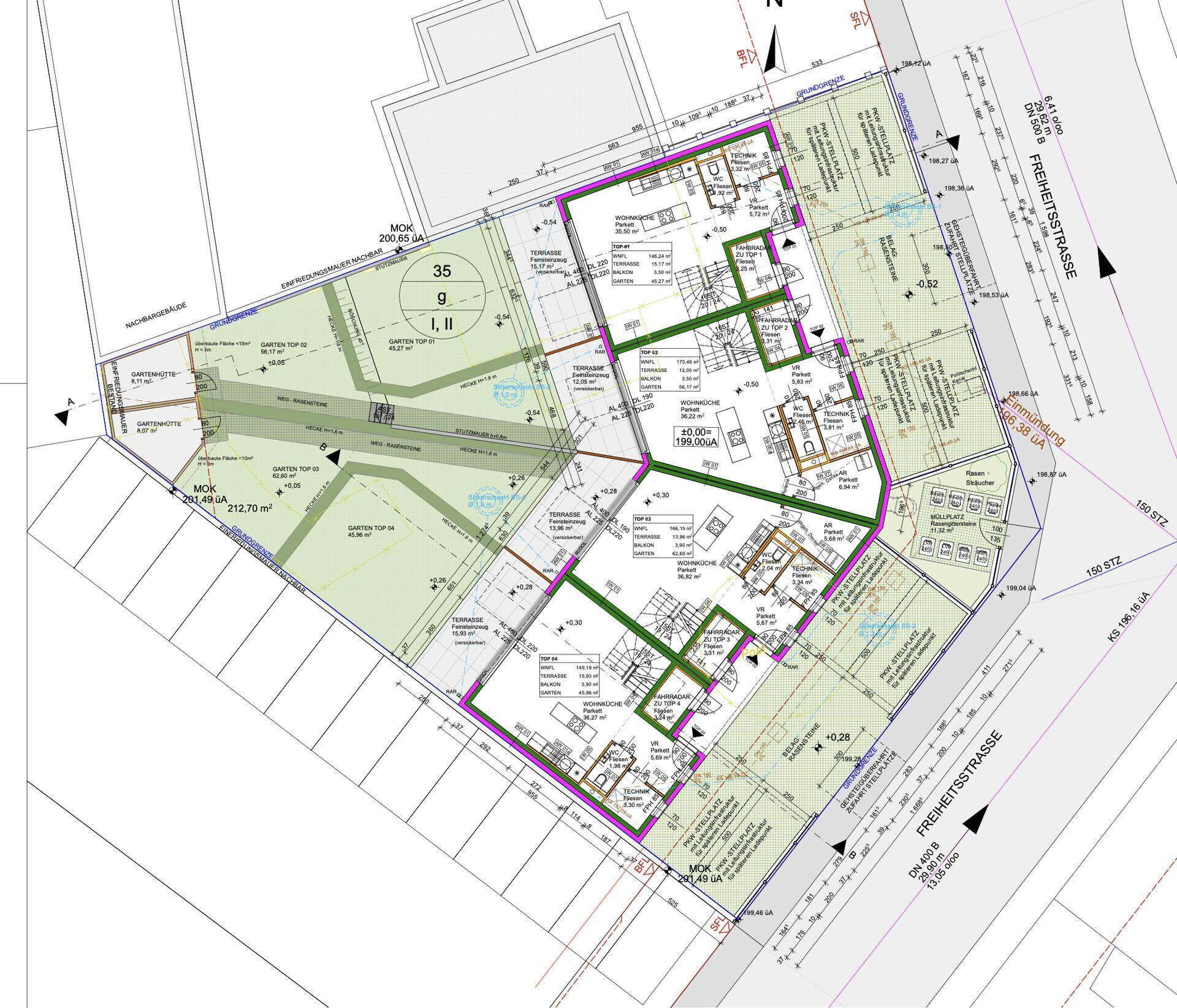 Übersichtsplan des Grundstücks mit mehreren Wohneinheiten, Gärten, Terrassen und angrenzenden Straßen.