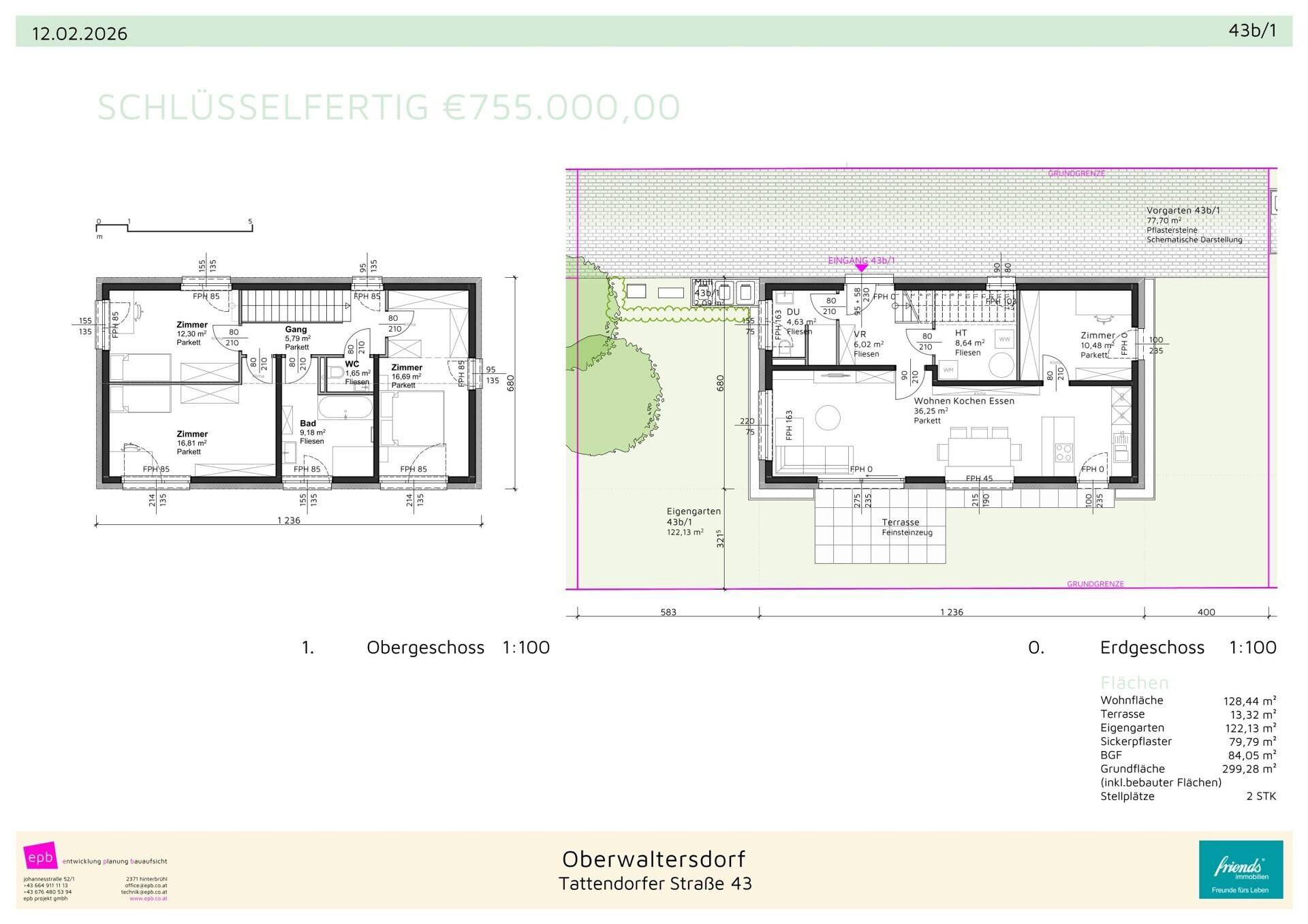 Grundriss für Haustyp 43b/1 mit Erdgeschoss und Obergeschoss, inklusive Garten und Terrasse.