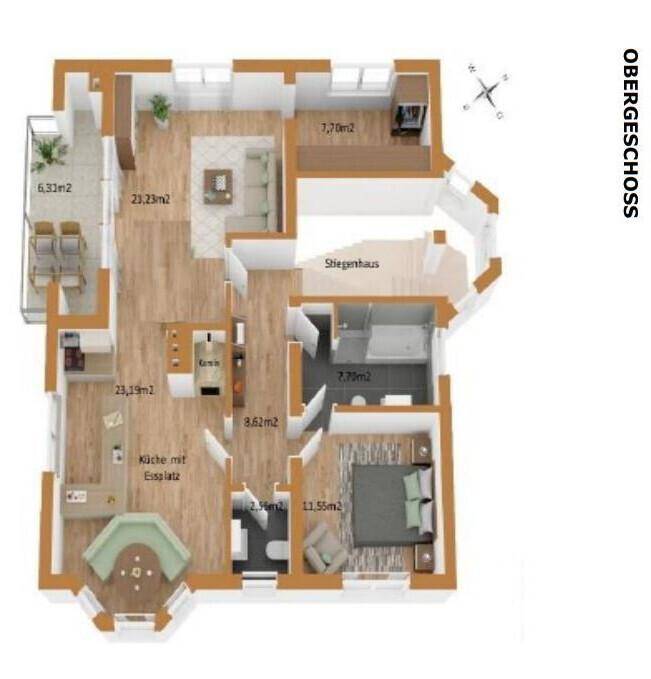 Grundriss des Obergeschosses mit Küche, Essplatz, Wohnzimmer, Schlafzimmer und Balkon.