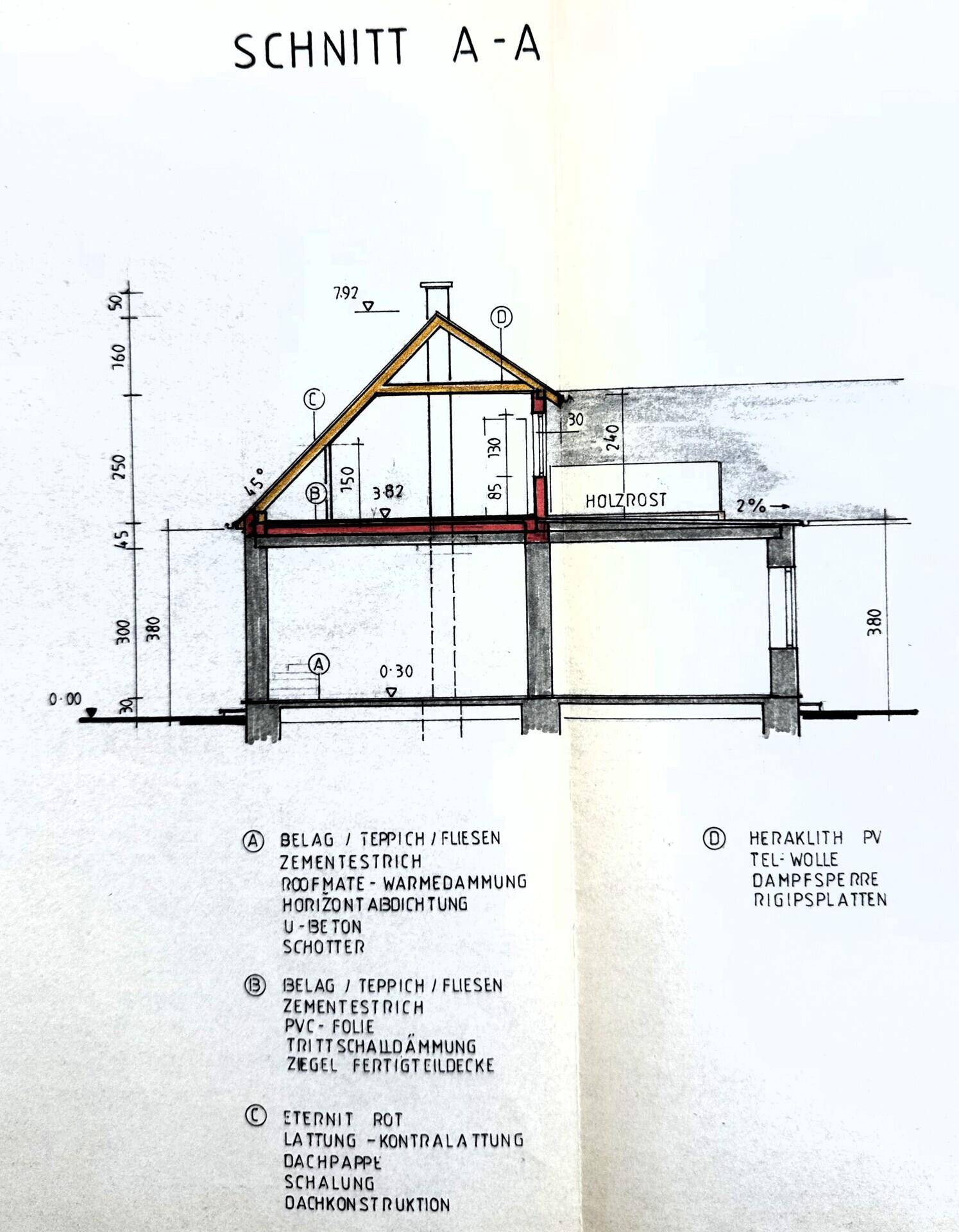 Architektonischer Schnitt A-A mit Details zur Dachkonstruktion und Materialien.