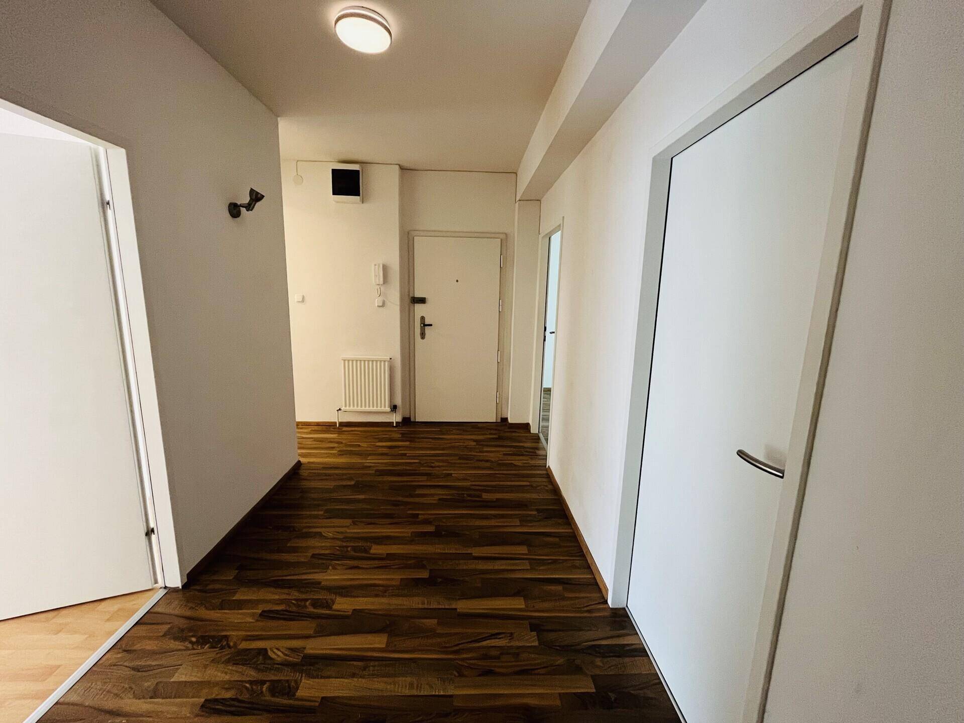 Heller Eingangsbereich mit Laminatboden und Zugang zu verschiedenen Räumen.