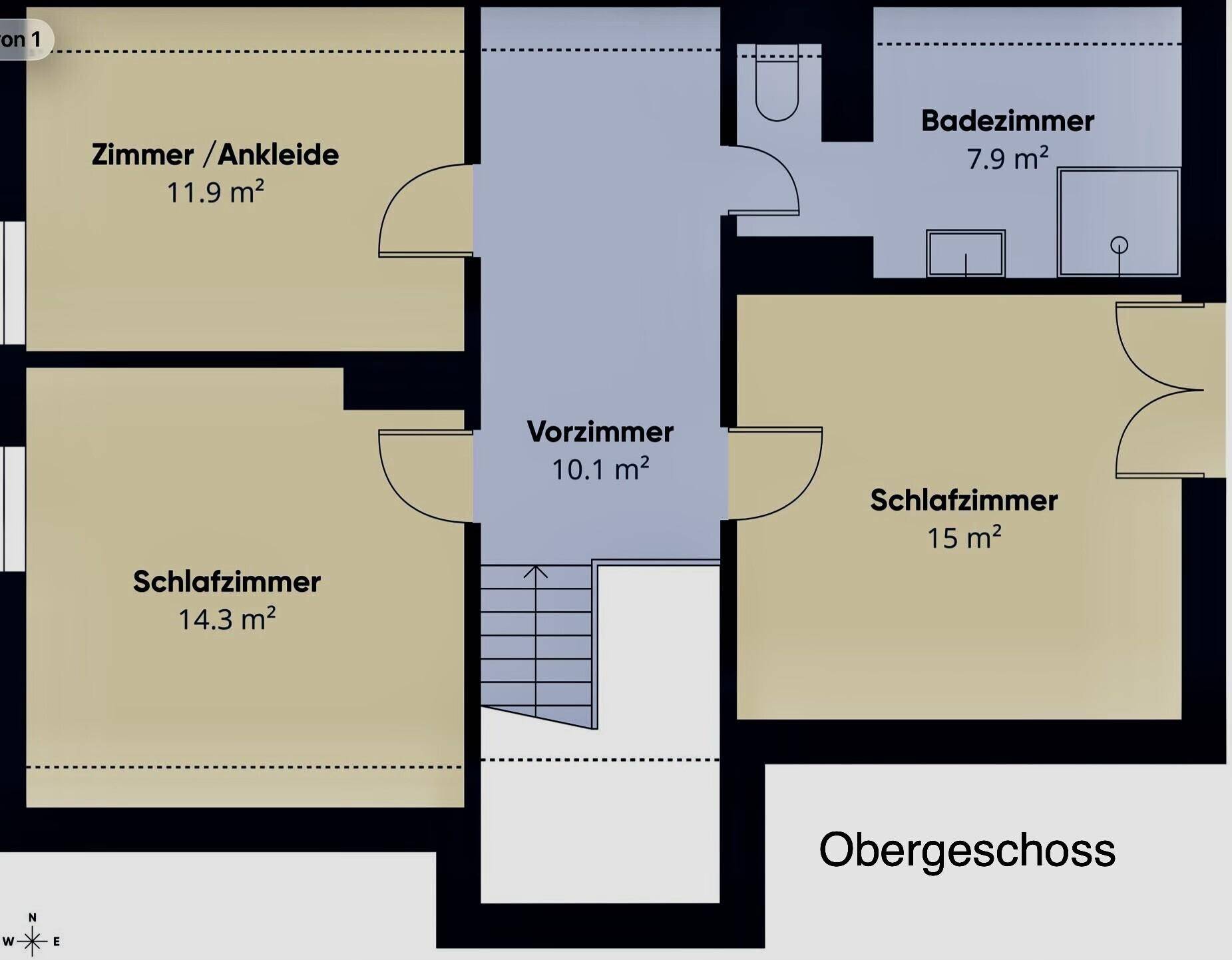 Grundriss des Obergeschosses mit drei Schlafzimmern und einem Badezimmer.