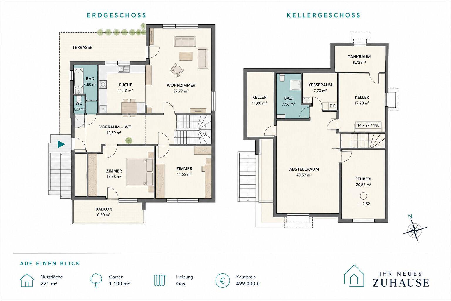 Grundriss des Erd- und Kellergeschosses mit offenem Wohnbereich, Balkon und Terrasse.