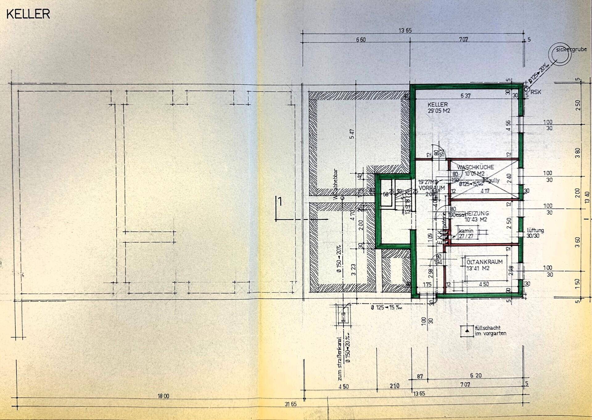 Grundriss des Kellers mit Waschküche, Heizraum und weiteren Abstellräumen.