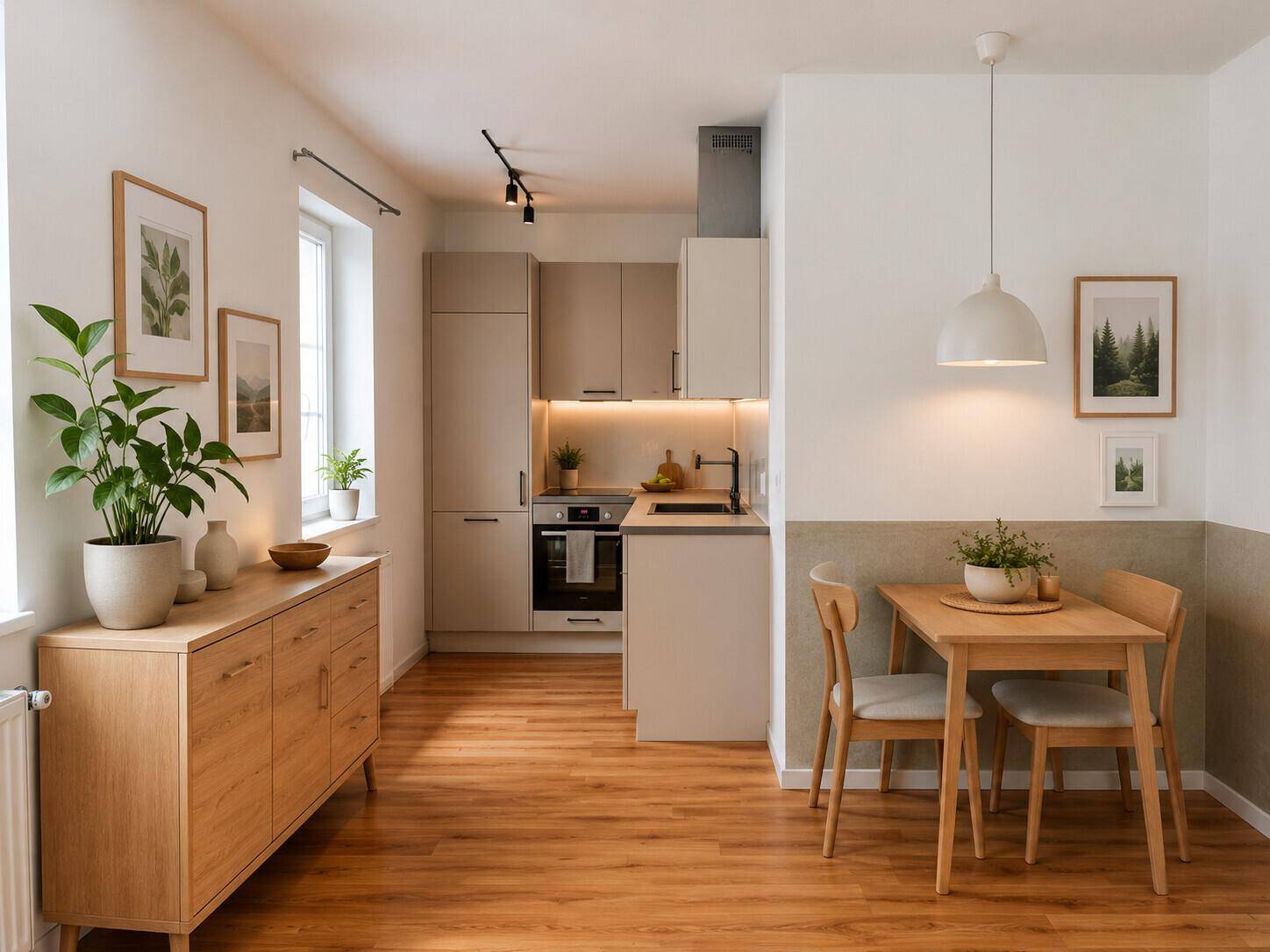Moderne offene Küche mit Essbereich, Holzmöbeln und hellem Parkettboden.