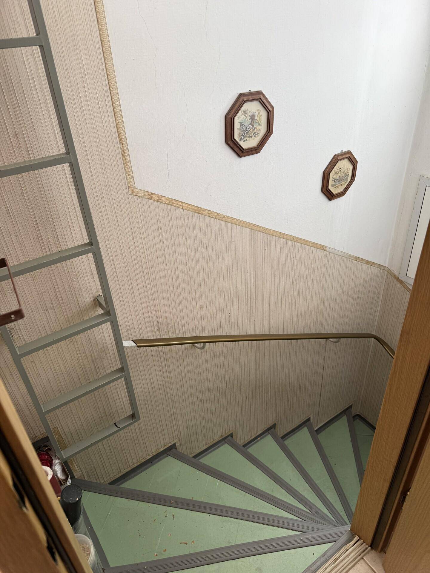 Treppe mit grünem Belag und einem Handlauf an der Wand, führt in ein anderes Stockwerk.