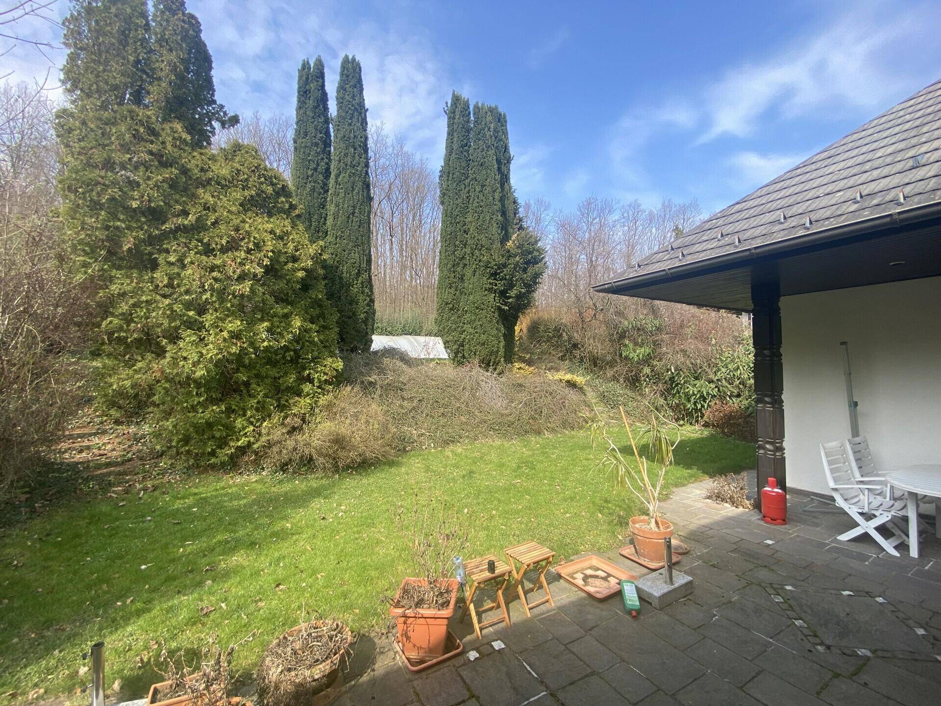 Gepflasterte Terrasse mit Gartenmöbeln und angrenzender Rasenfläche, umgeben von hohen Bäumen.