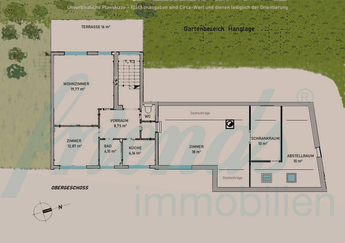 Grundriss des Obergeschosses mit Wohnzimmer, Zimmern, Bad, WC und Terrasse.
