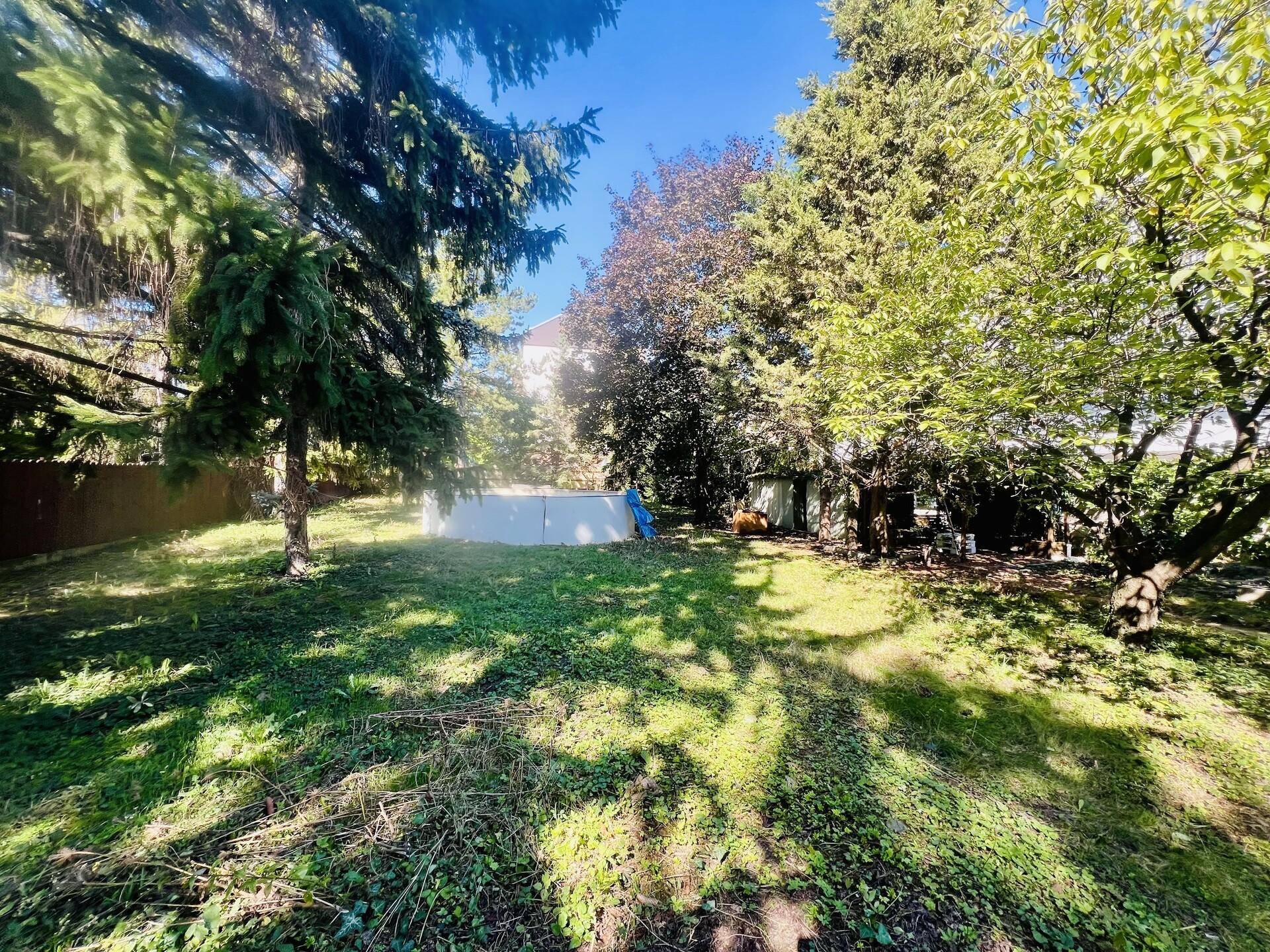 Großer Garten mit Rasenfläche, hohen Bäumen und einem Aufstellpool.