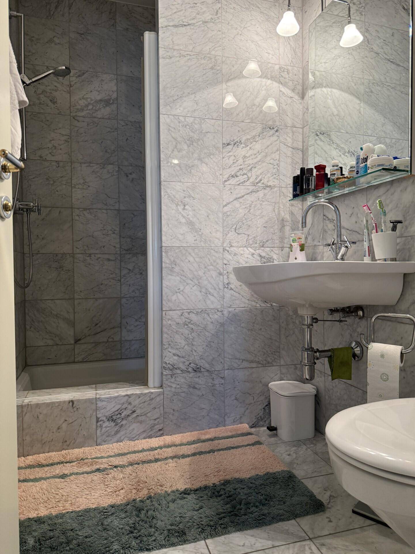 Badezimmer mit Marmorfliesen, Dusche und Einzelwaschbecken.
