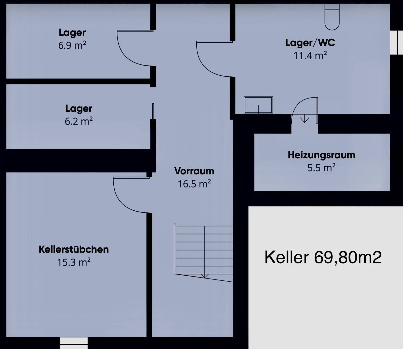 Grundriss des Kellers mit Lagerräumen, Heizungsraum und Kellerstübchen.