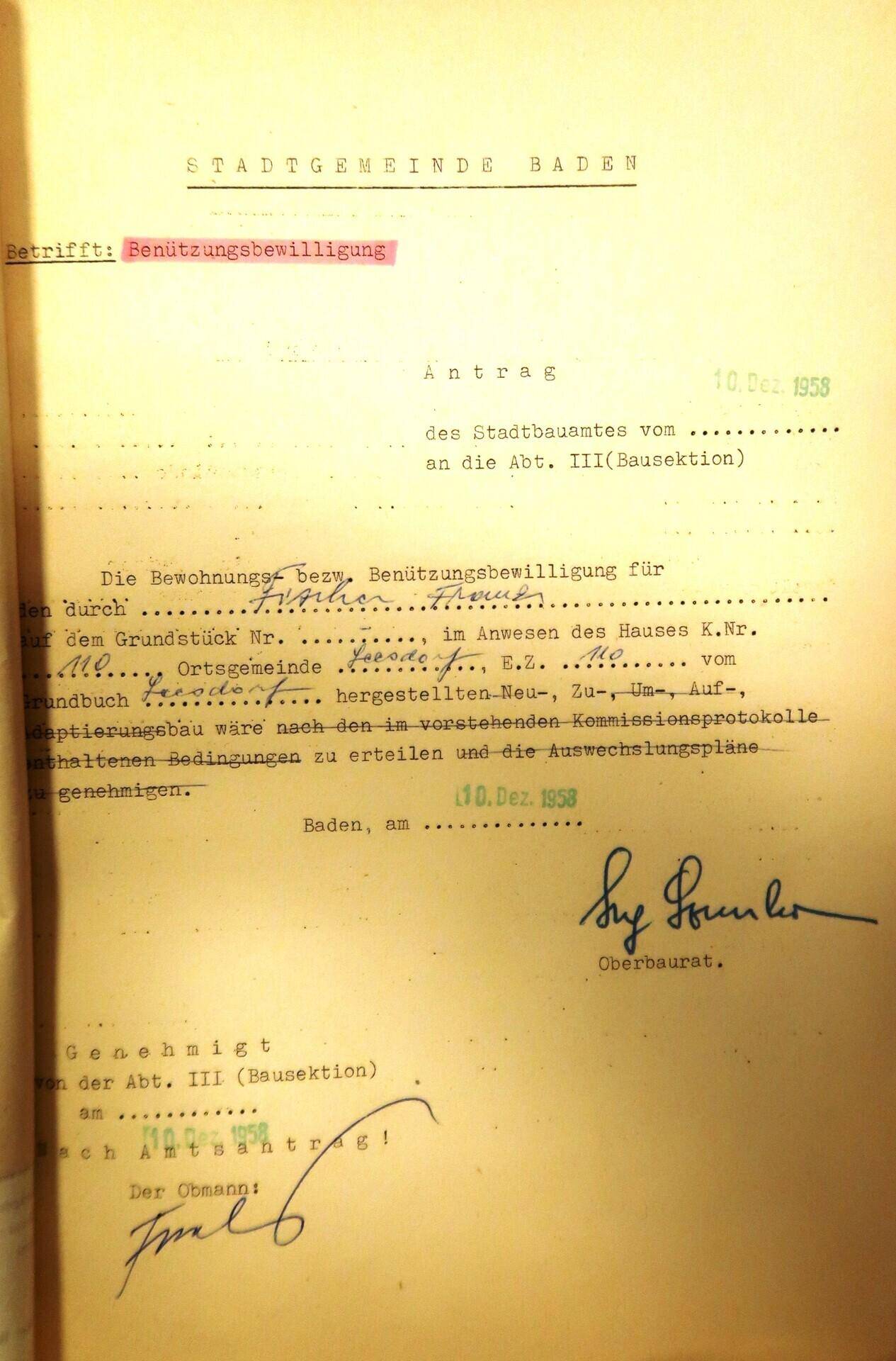 Benützungsbewilligung 1958