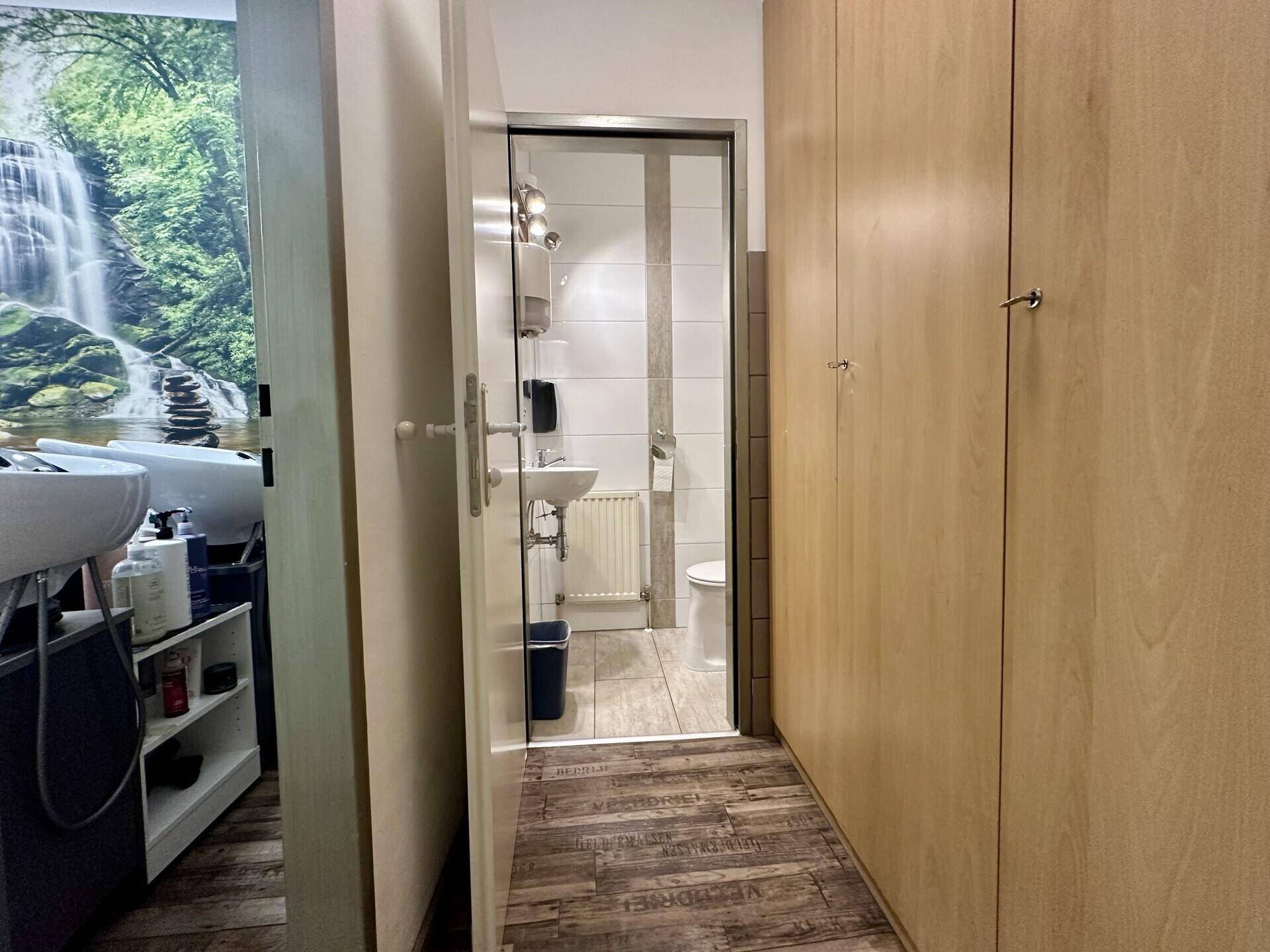 Flur mit Einbauschränken aus Holz, der zu einem Badezimmer oder WC führt.