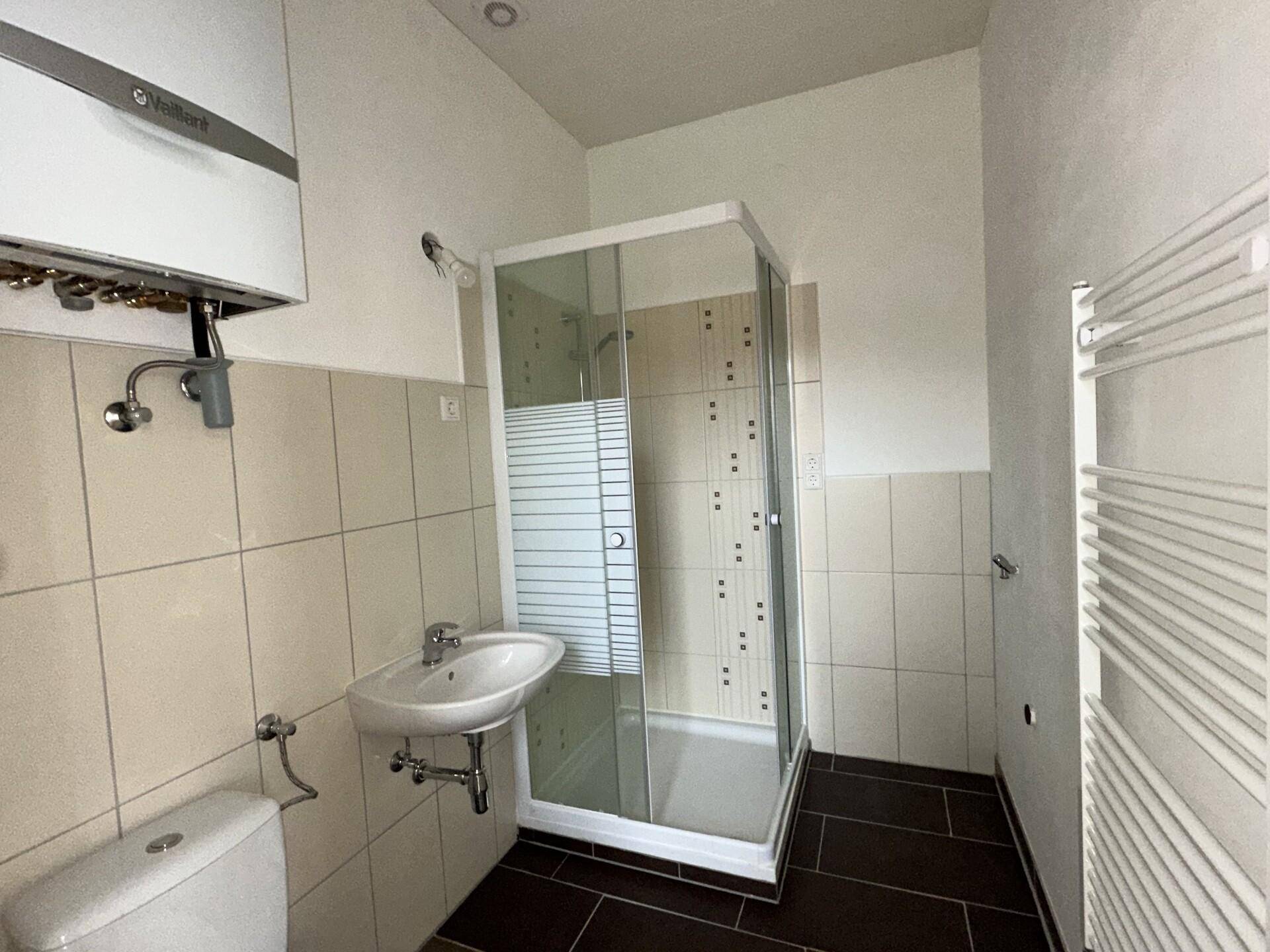 Modernisiertes Badezimmer mit Duschkabine, Waschbecken und Handtuchheizkörper, in hellen Tönen gehalten.