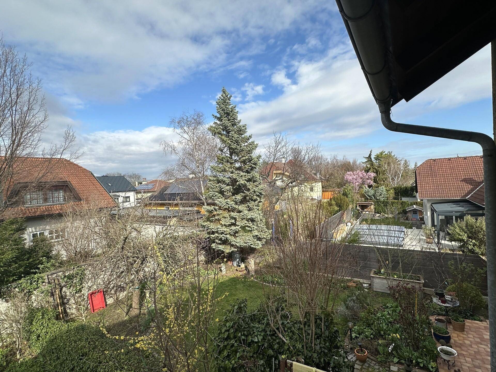 Weitläufiger Blick über Gärten und Dächer der Nachbarschaft unter bewölktem Himmel.