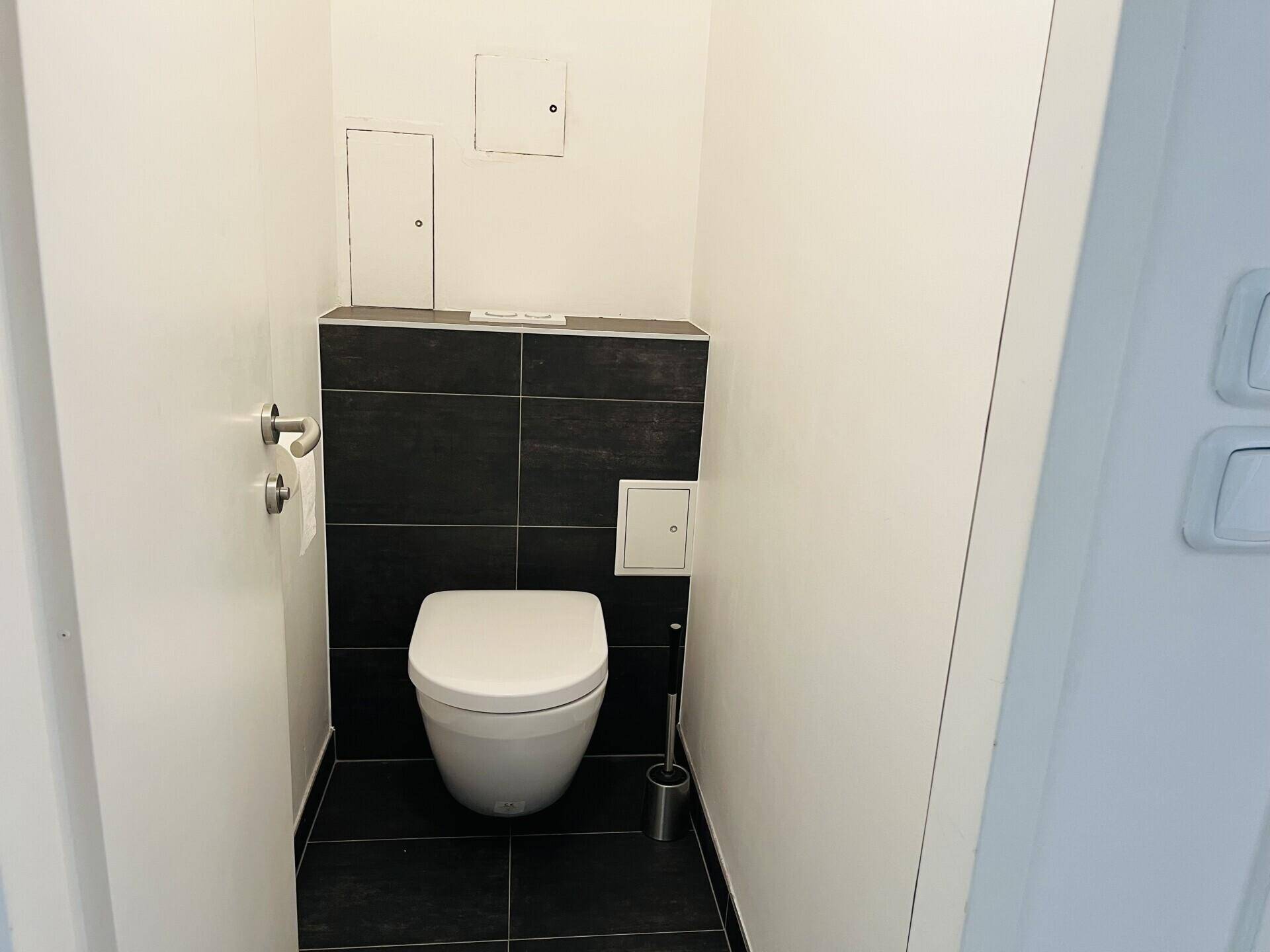 Modernes Gäste-WC mit dunklen Fliesen und wandhängendem WC.