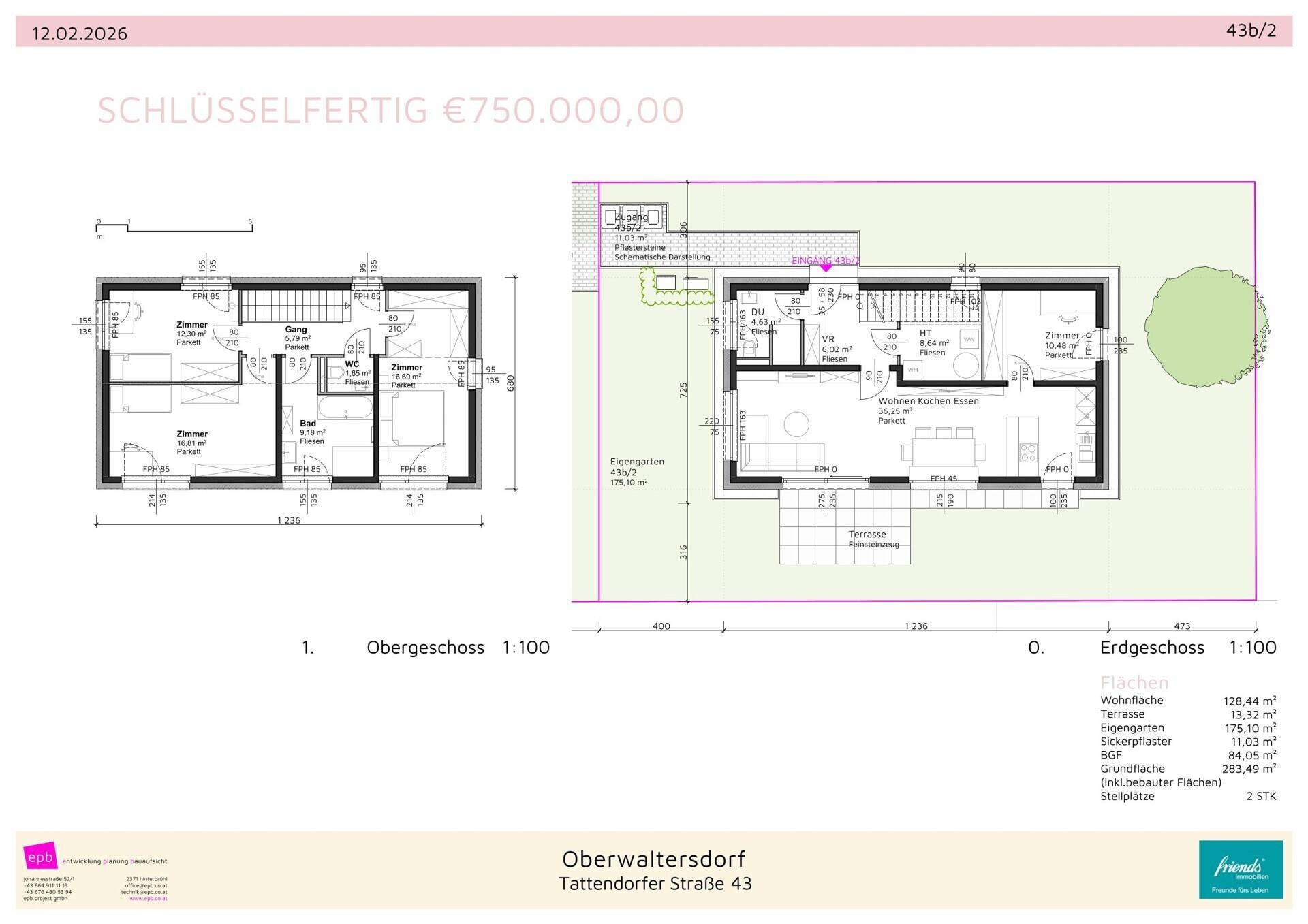 Grundriss für Haustyp 43b/2 mit Erdgeschoss und Obergeschoss, inklusive Garten und Terrasse.