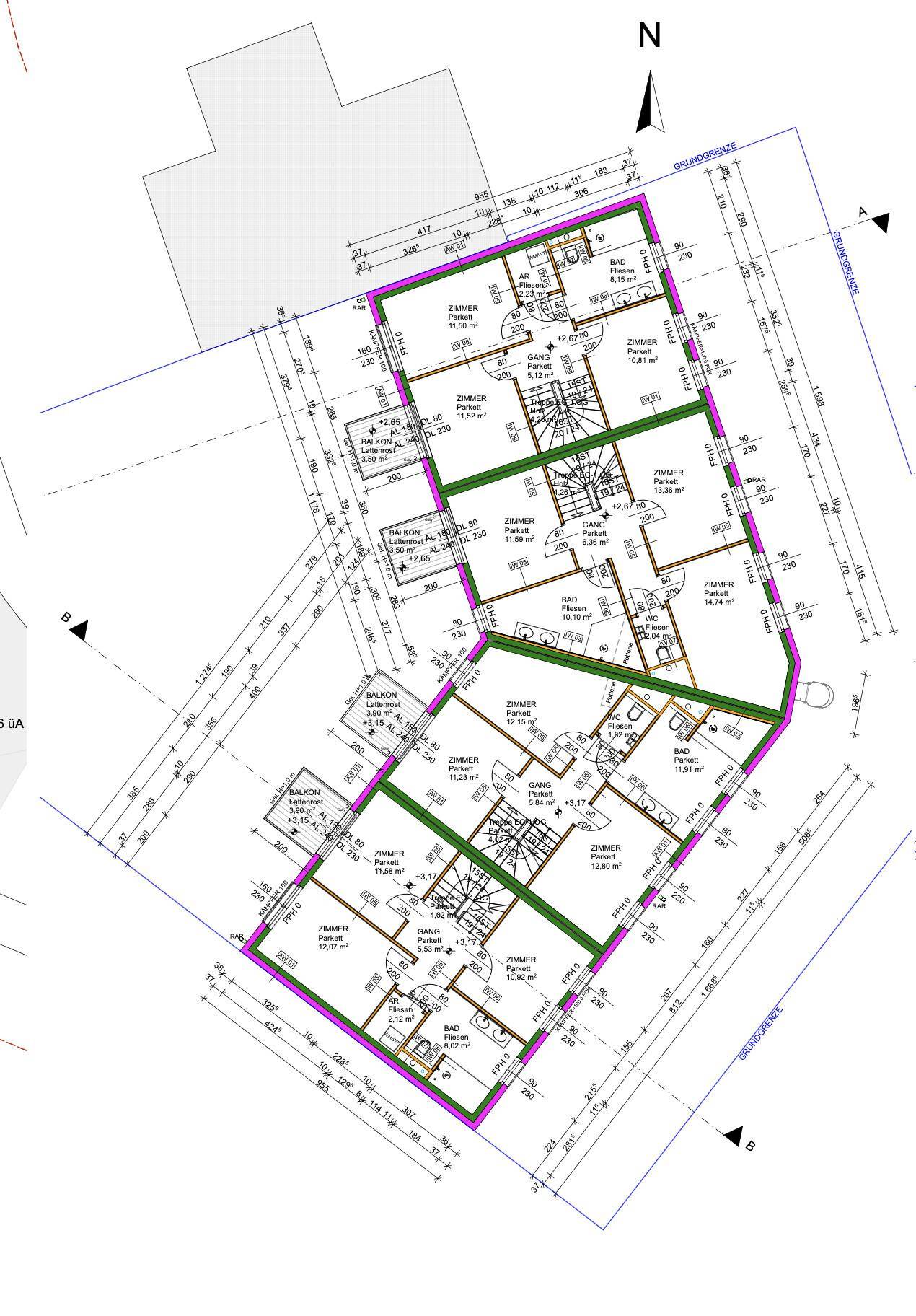 Grundrissplan einer oberen Etage mit mehreren Wohnungen, Treppenhäusern und Balkonen.