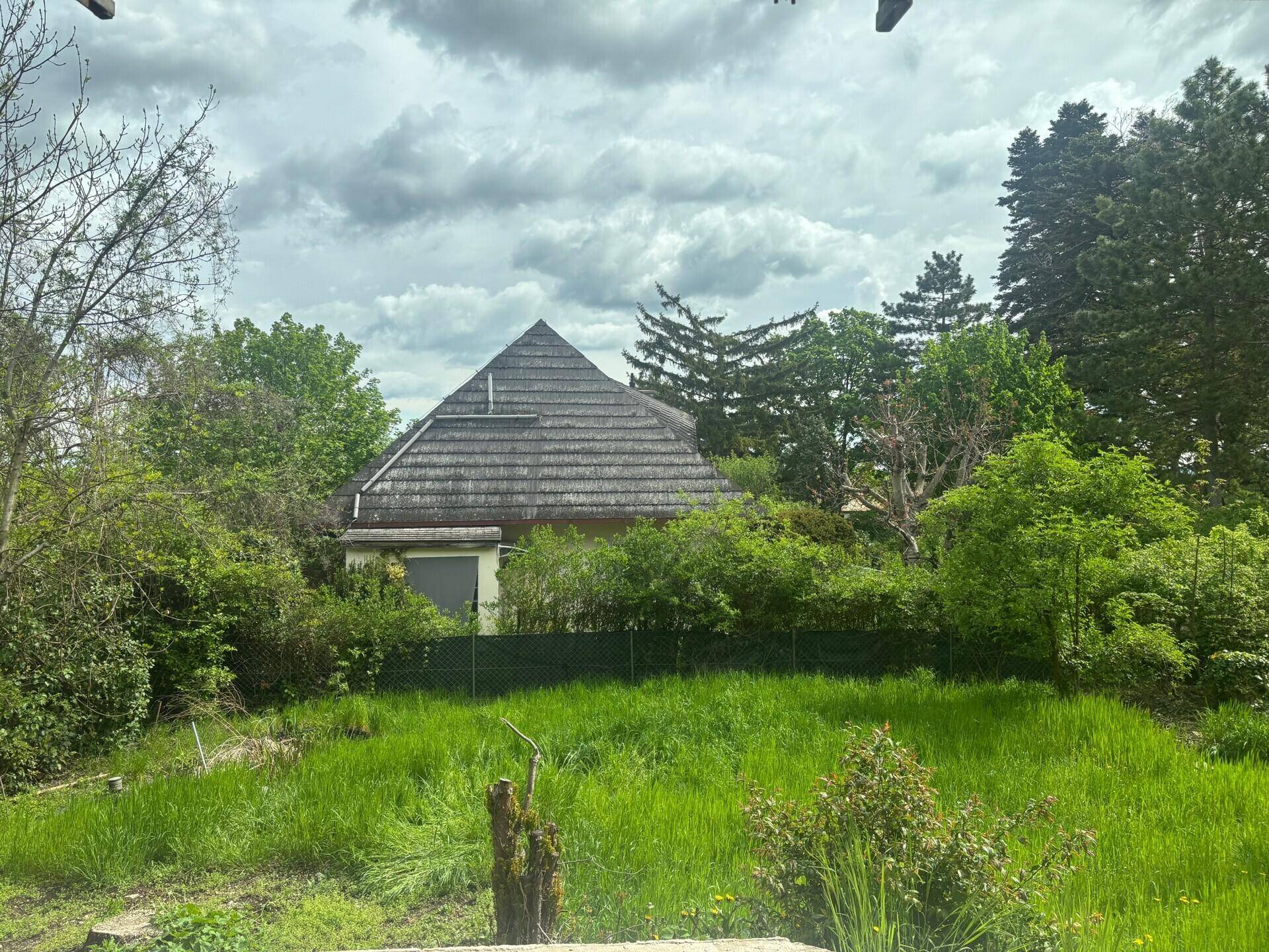 Blick auf ein Nachbargebäude mit markantem Dach, umgeben von üppigem Grün und Bäumen.