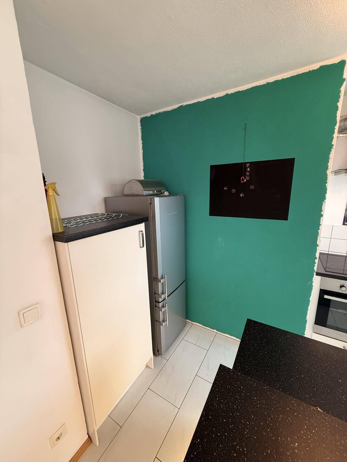 Kompakte Küche mit Kühlschrank und grüner Akzentwand, funktional eingerichtet.