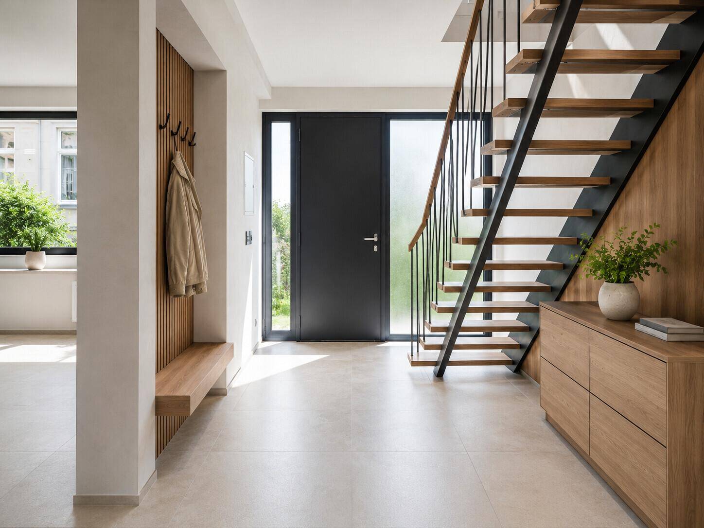Moderner Eingangsbereich mit heller Fliese, offener Holztreppe und Garderobenlösung.