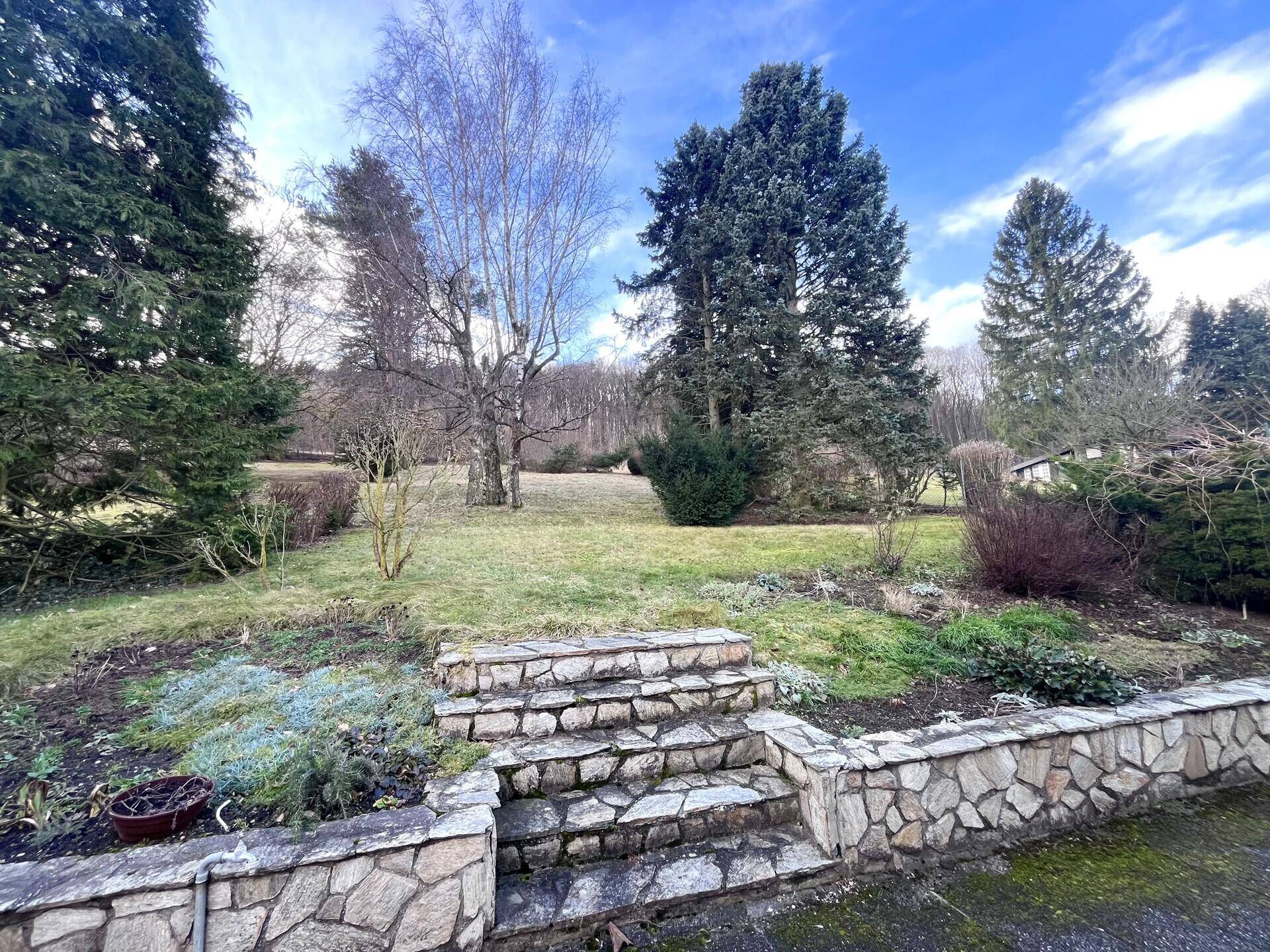Großer Gartenbereich mit Rasenfläche, Bäumen und Steintreppe.